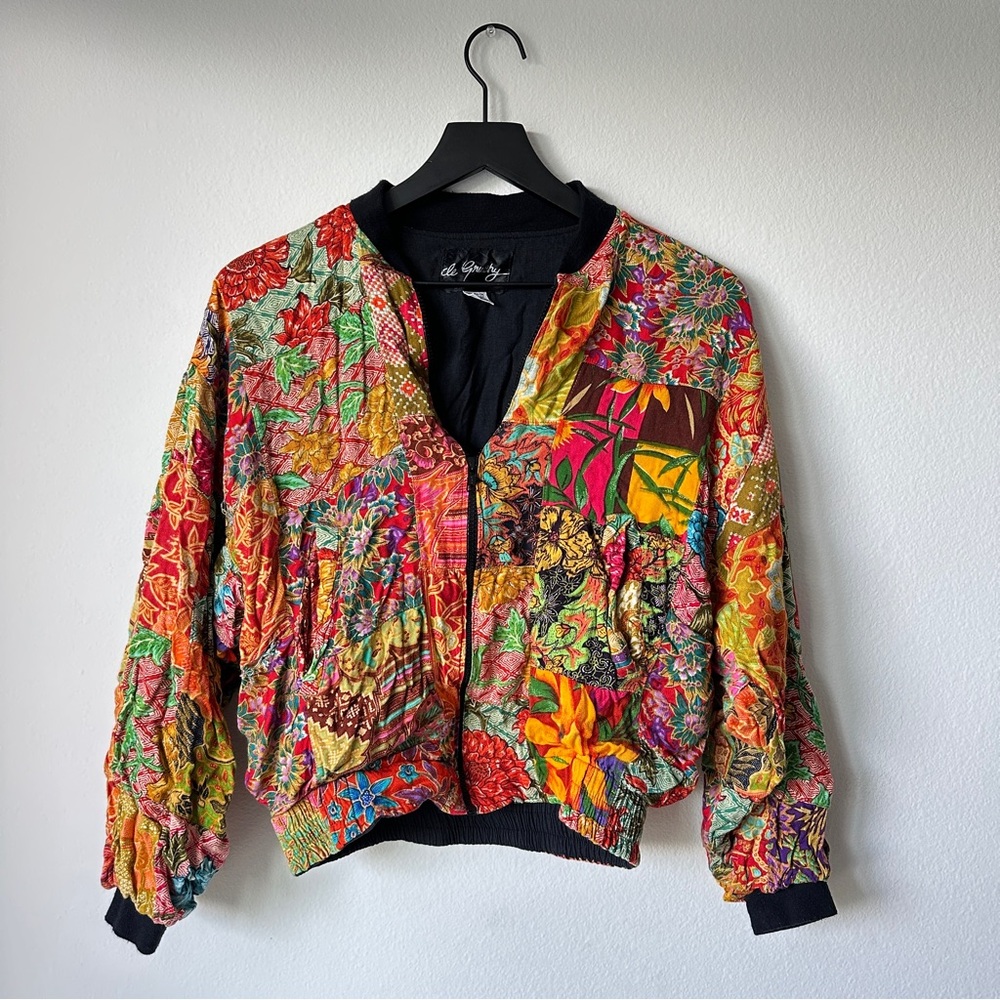 VINTAGE De Gruchy Handmade Patchwork YKK Zip Jacket Colorful Florals Hippie Boho